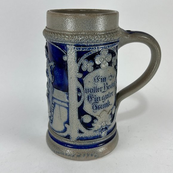 Vtg German Stein Beer Mug Cobalt Blue Grey Salt Glazed 16 oz Embossed Rustic 90s - Picture 2 of 13